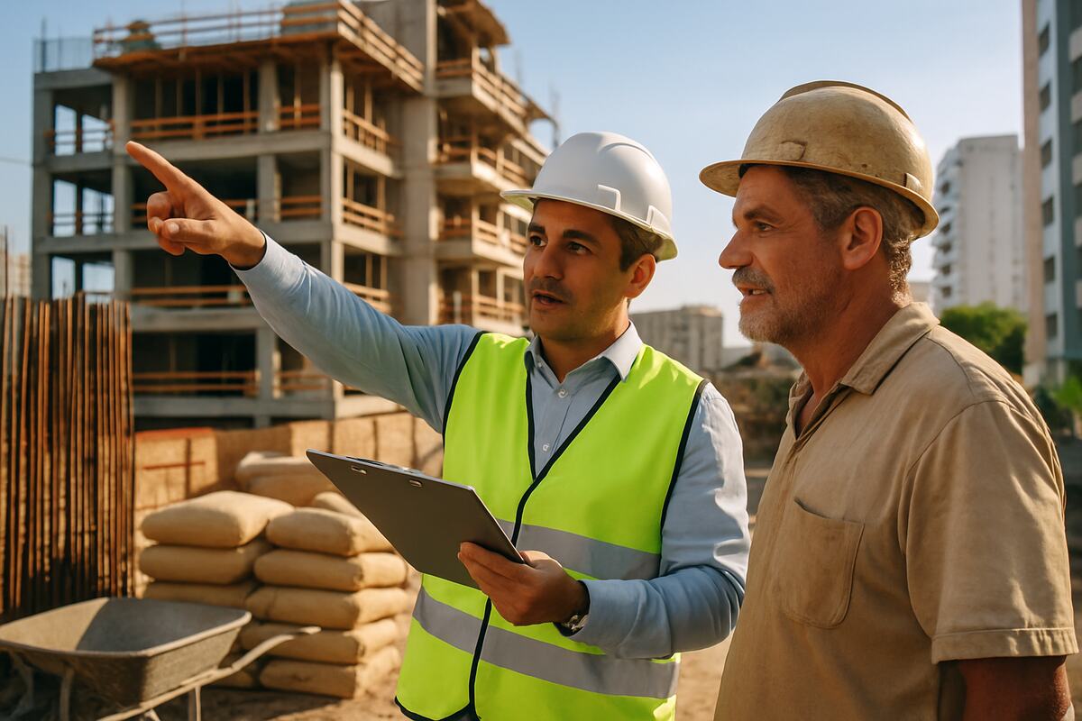 Engenheiro de capacete e colete aponta para a estrutura em obra enquanto conversa com o empreiteiro, prancheta na mão.